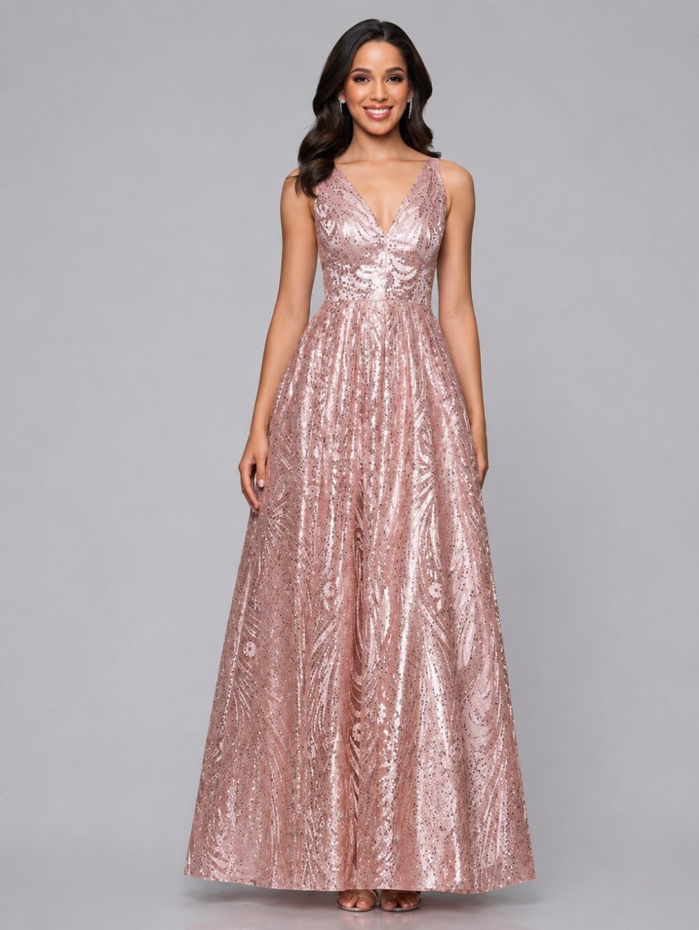 Blondie Nites Rose Gold Dress Sequin V-Neck Maxi Gown Lace-Up Ball Full skirt Xs